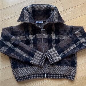 Zara Checkered Knit Zip-Up Sweater